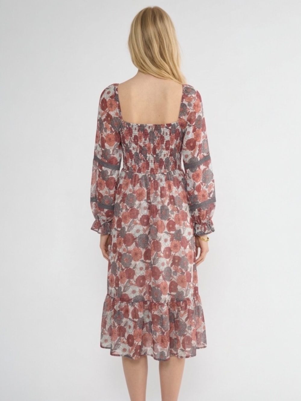 Aritzia Wilfred Grace Smocked Midi Dress Birch Floral Sienna Red S Cottagecore - Picture 3 of 15